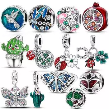 Стерлингового серебра 925 пробы, бабочка, божья коровка, кактус, счастливый четырехлистный клевер, висячие подвески, подходят для браслета, оригинальные ювелирные изделия 925 белый