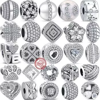 Стерлингового серебра 925 пробы, белый прозрачный циркон, сверкающие модные бусины-клипсы, подходящие для браслетов, ювелирных изделий