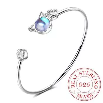 Стерлингового серебра 925 пробы, браслет с кошачьими ушками и лунным камнем, браслет с следами лап домашних животных, браслет Pulseiras De Prata для женщин, ювелирные изделия для вечеринок