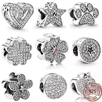 Стерлингового серебра 925 пробы, бусина с паве, сверкающий принт лапы, цветок, сердце, подвеска, подходит для оригинального модного браслета, сделай сам, для женщин, ювелирные изделия, подарок