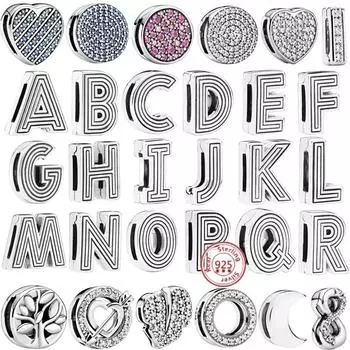 Стерлингового серебра 925 пробы, бусины, буквы, сердце, листья, круг, сверкающие клипсы, подвески, подходят для браслета с отражениями, ювелирные украшения