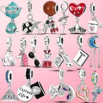 Стерлингового Серебра 925 пробы, бусины со звездами и луной, сердце Хамса Фатима, ручная подвеска для путешествий, подходит для оригинального женского браслета, серебро 925 пробы, изготовление ювелирных изделий