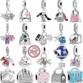 Стерлингового серебра 925 пробы Чемодан Сумка для покупок Чемодан Любовь Путешествия Сладкие бусины подходят Подвески Браслет Ювелирные изделия для женщин