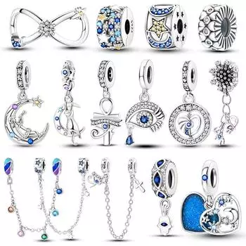 Стерлингового Серебра 925 пробы Цвет Кот Луна Звезды Глаза Бусины Синий Шарм FitFashion925 Оригинальный Браслет DIY Бусины для Изготовления Ювелирных Изделий