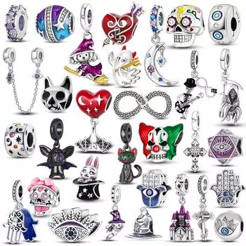Стерлингового Серебра 925 пробы Хэллоуин мотаться скелет ведьмы глаз дьявола череп подвески из бисера подходят оригинальный браслет ожерелье ювелирные изделия
