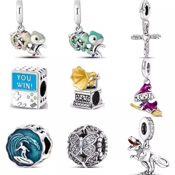 Стерлингового серебра 925 пробы, игровой автомат-хамелеон, графофон, серфинг, бусины в виде динозавра, подходят оригинальные подвески, браслет, женские ювелирные изделия