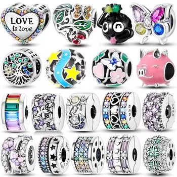 Стерлингового Серебра 925 пробы, инкрустированные цирконием, бусины, красочные застежки, звезда, сова, кошка, висячие, подходят, оригинальный новый браслет, ювелирные изделия своими руками