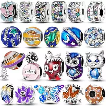 Стерлингового Серебра 925 пробы, инкрустированные цирконием, бусины, красочные застежки, звезда, сова, кошка, висячие, подходят для оригинального браслета, ювелирные изделия своими руками