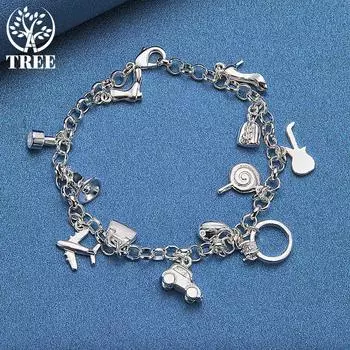 Стерлингового серебра 925 пробы, колокольчик для обуви, замок для самолета, автомобильное кольцо с рыбой, леденец, гитарный браслет, ювелирные изделия 20cm