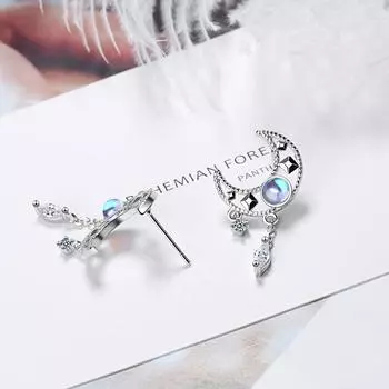 Стерлингового Серебра 925 пробы, комплект ювелирных изделий с полумесяцем и цирконом, модный кулон с лунным камнем и кисточкой, ожерелье, серьги, комплект ювелирных изделий для женщин