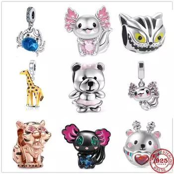 Стерлингового серебра 925 пробы, кот, медведь, жираф, милые мультяшные бусины, висячие подвески, подходят для модного браслета-подвески для женщин, ювелирные изделия своими руками