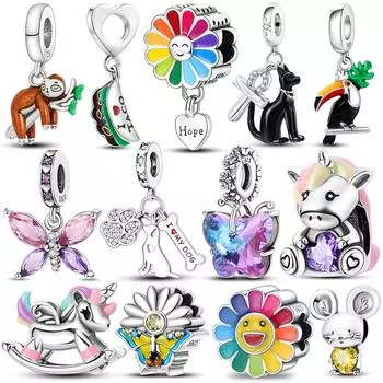 Стерлингового серебра 925 пробы, красочные милые домашние животные, кошка, висячие подвески в виде бабочки, ленивца, бусины, подходят для модного браслета, ожерелье, ювелирные изделия