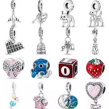 Стерлингового серебра 925 пробы, кролик, собака, самолет, дворец, музыка, отпечатки лап, семейные бусины, подходят для браслетов, ювелирных изделий