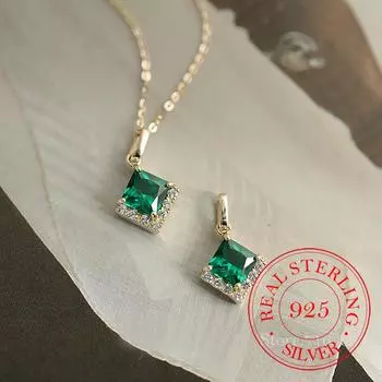 Стерлингового Серебра 925 пробы, квадратный изумрудный кристалл, колье-колье, кулон для женщин, 14-каратное золото, ожерелья, ювелирные изделия для свадебной вечеринки, подарок 40cm