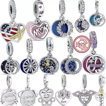 Стерлингового Серебра 925 пробы, лента с изображением мамы и сердца, двойные висячие очаровательные бусины, подходят для оригинальных браслетов, женские ювелирные изделия «сделай сам»