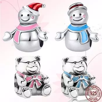 Стерлингового серебра 925 пробы, маленький медвежонок и снеговик, подвеска из бисера, подходит для оригинального модного браслета, ожерелье, сделай сам, для женщин, ювелирные изделия, подарок