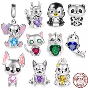 Стерлингового Серебра 925 пробы, милый кролик, дракон, панда и нарвал, очаровательные бусины в форме сердца, подходят для оригинального модного браслета, ювелирное изделие, подарок