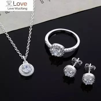 Стерлингового серебра 925 пробы, милый однотонный рождественский подарок, благородная мода, элегантный женский блестящий кристалл CZ, ожерелье, серьги, кольцо, комплект ювелирных изделий