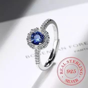 Стерлингового Серебра 925 пробы, новое женское модное ювелирное изделие, высокое качество, кристалл, циркон, синий сапфир, открытое регулируемое кольцо, anillos mujer