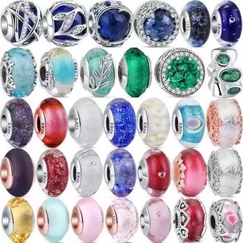 Стерлингового серебра 925 пробы, однотонные разноцветные муранские стекла и изогнутые бусины с перьями, подходящие для браслета, ювелирные украшения