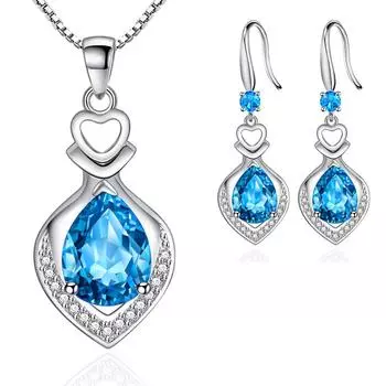 Стерлингового серебра 925 пробы, подвеска с каплей воды и цирконием, ожерелье, серьги, комплекты ювелирных изделий для женщин, свадебный роскошный ювелирный комплект синий