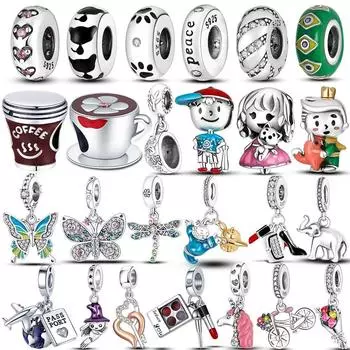 Стерлингового серебра 925 пробы, подвески для путешествий, японская кукла, кофейная чашка, самолет, камера, висячие бусины, подходят к оригинальному браслету, ювелирные изделия