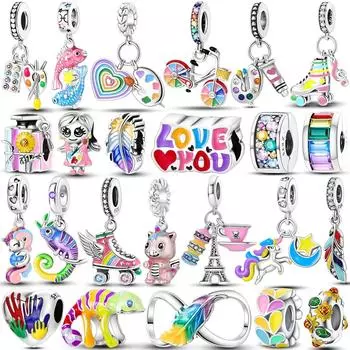 Стерлингового Серебра 925 пробы Подвески-хамелеоны из бисера Красочный блокнот для рисования Висячие циркониевые клипсы Браслет Цепочки и ожерелья DIY Маркировка ювелирных изделий