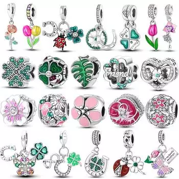 Стерлингового серебра 925 пробы, подвески в виде цветов, весенняя серия, бусины, ромашка, клевер, птица, бабочка, висячие, подходят для оригинального модного браслета, ювелирные изделия белый