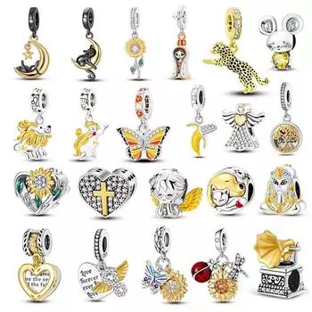 Стерлингового серебра 925 пробы, позолоченный кулон в виде бабочки с подсолнухом, подвески из бисера, подходят для оригинального нового браслета, ожерелья, ювелирные изделия «сделай сам», подарок белый