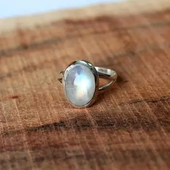 Стерлингового серебра 925 пробы Радужный лунный камень Драгоценный камень ручной работы Дизайнерское кольцо с камнем Ювелирные изделия 6