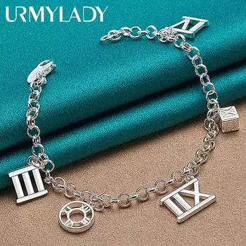 Стерлингового серебра 925 пробы, римский круглый квадратный браслет для женщин, модные ювелирные изделия для свадебной вечеринки 20cm