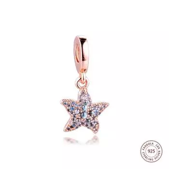 Стерлингового серебра 925 пробы, розовое золото, сверкающие морские звезды, висячие подвески, бусины для изготовления ювелирных изделий, подходит для европейского браслета