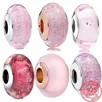 Стерлингового серебра 925 пробы, розовые матовые граненые бусины из муранского стекла, подвески, подходят для европейского браслета диаметром 3 мм, очаровательные бусины для изготовления ювелирных изделий