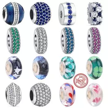 Стерлингового серебра 925 пробы, розовый, синий цвет, кристаллы, бусины из муранского стекла, подходят для подвесок, браслетов, ювелирных изделий для женщин
