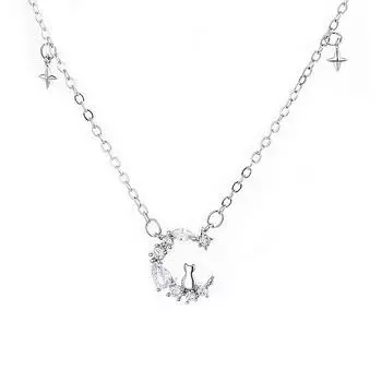 Стерлингового серебра 925 пробы с кисточкой, цирконием, звездой и луной, милый кот, очаровательное ожерелье, подвеска для женщин, свадебные украшения для девочек, аксессуары Dz933