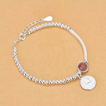 Стерлингового серебра 925 пробы с клубничным кристаллом и круглыми бусинами, массивный браслет и браслет для женщин, свадебные украшения