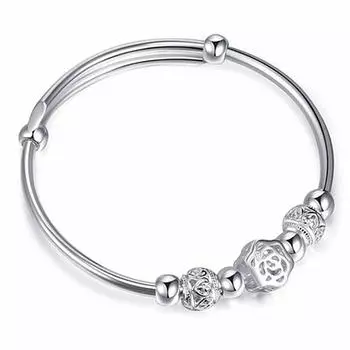 Стерлингового серебра 925 пробы с полым цветком, круглый браслет из бисера и браслет для женщин и девочек, элегантные ювелирные изделия, подарок, Pulseiras Sl443