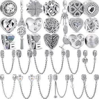 Стерлингового серебра 925 пробы с принтом лапы, Семейный дом, сердце, любовь, бусины, защитная цепочка, подходят оригинальные подвески, браслет, женские ювелирные изделия
