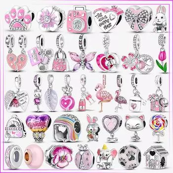 Стерлингового серебра 925 пробы, сердце, цветок, воздушный шар, фламинго, розовый Шарм, Plata De Ley, автомобиль, кошка, бусина, сделай сам, для оригинального браслета Jewelr