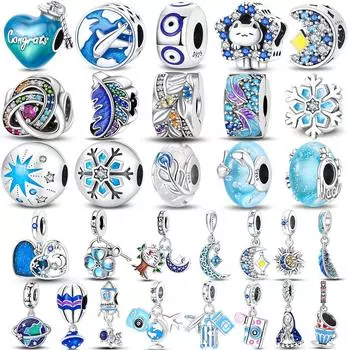Стерлингового Серебра 925 пробы, синие подвески, камера, стеклянные бусины в виде луны, снежинки, кулон, подходят для браслетов, изысканные ювелирные изделия своими руками