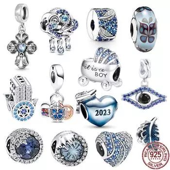 Стерлингового серебра 925 пробы, синий 2023, выпускное сердце и сверкающий крест, висячие бусины, подходят для оригинального модного браслета, ювелирные изделия своими руками