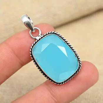 Стерлингового серебра 925 пробы Синий халцедон Драгоценный камень Ювелирные изделия ручной работы Изысканный кулон 1.57 Inches синий