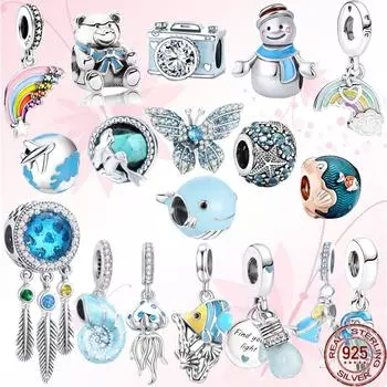 Стерлингового серебра 925 пробы, синяя бабочка, фугу, бусина, Радужный попугай, кальмар, висячая подвеска, подходит для оригинального модного браслета, ювелирное изделие, подарок