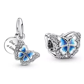 Стерлингового серебра 925 пробы, синяя бабочка и цитата, двойная висячая подвеска, подходит для оригинального браслета, ювелирные изделия, женский подарок