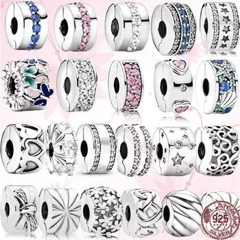 Стерлингового серебра 925 пробы со звездами и сердечками, прозрачный и розовый зажим с паве, подвеска из бисера, подходит для оригинального модного браслета, ювелирные изделия своими руками, женский подарок