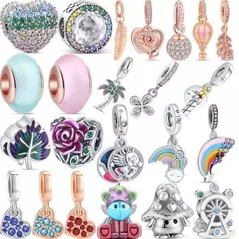 Стерлингового серебра 925 пробы, сверкающие перья, сосновая шишка, кулон, утки, цветы, бусины, подходят для браслета, ювелирные изделия