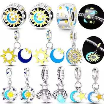 Стерлингового серебра 925 пробы, светящиеся бусины со звездами, луной, солнцем, светящиеся в темноте подвески в виде светлячков, подходят к оригинальному ювелирному браслету 1pcs