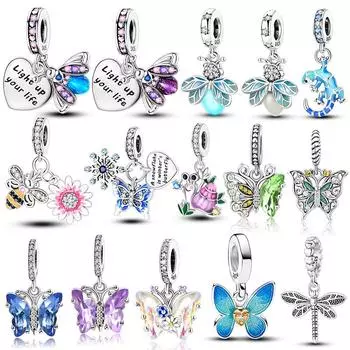 Стерлингового серебра 925 пробы, светящиеся подвески в виде светлячка и бабочки, подходят модные оригинальные браслеты, бусины в виде насекомых, стрекозы, пчелы, DIY ювелирных изделий PJT875
