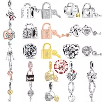 Стерлингового серебра 925 пробы, замок, ключ, сердце, кулон «Любовь», тонкие бусины, подходят для оригинальных подвесок, браслетов, женских ювелирных изделий, DIY Изготовление