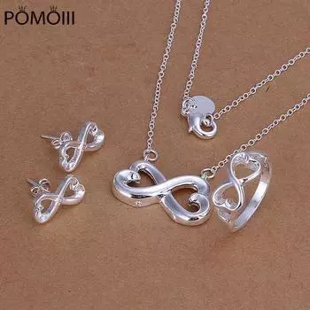 Стерлингового Серебра 925 пробы, женский подарок на День святого Валентина, креативное кольцо, ожерелье, серьги-гвоздики, модный комплект ювелирных изделий, свадебная вечеринка, приятный 8